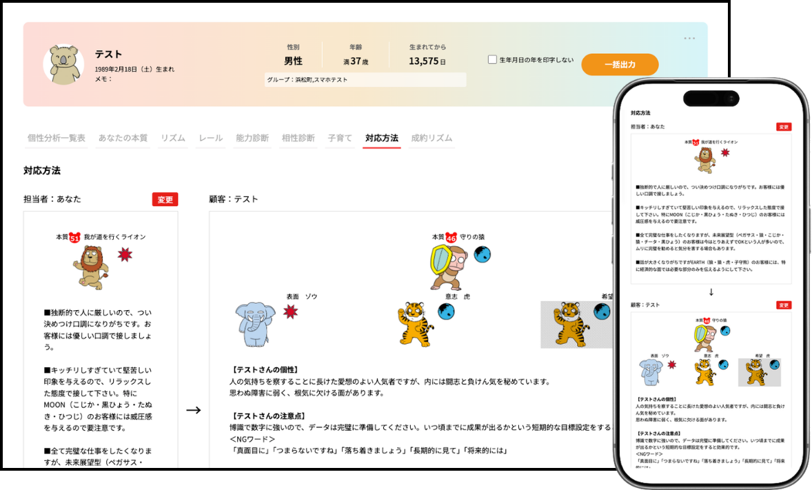 個性心理學cloudの対応方法画面（PCとスマホの重ね合わせ）